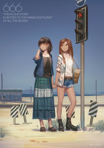 Anime picture 744x1052 with original hjl long hair tall image brown hair multiple girls looking away sky inscription holding hands sunglasses on head girl skirt 2 girls glasses boots bracelet belt building (buildings) bag