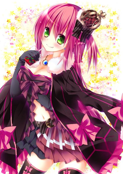 Anime picture 2893x4093 with original ojitcha single long hair tall image blush highres breasts smile green eyes pink hair cleavage teeth fang (fangs) zettai ryouiki girl thighhighs skirt gloves navel