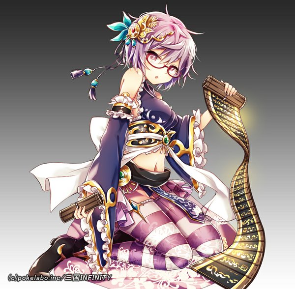 Anime picture 816x800 with kaio (watagami) single looking at viewer short hair open mouth purple eyes bare shoulders purple hair grey background gradient background black background girl thighhighs navel hair ornament detached sleeves glasses striped thighhighs