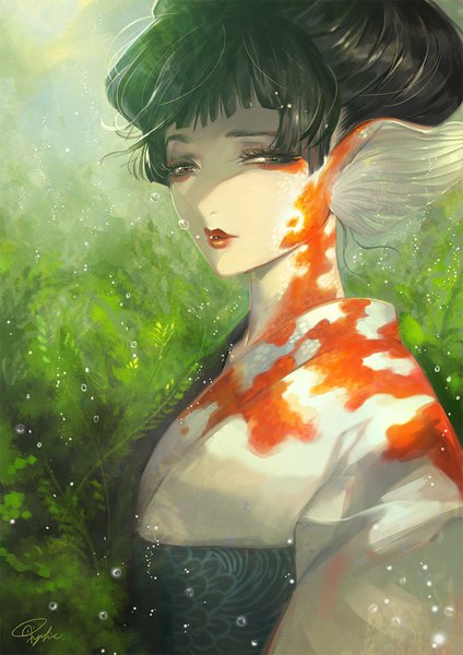 Anime picture 800x1131 with original tajima yukie single tall image fringe short hair black hair signed upper body traditional clothes parted lips japanese clothes lips lipstick shaded face underwater red lipstick makeup girl kimono