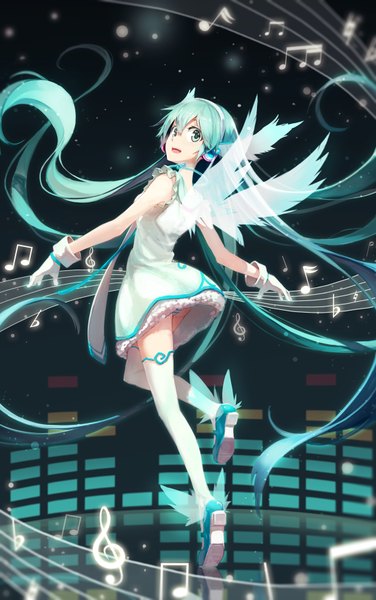 Anime picture 1100x1754 with project diva f 2nd vocaloid hatsune miku lf single tall image blush fringe open mouth light erotic standing twintails bent knee (knees) very long hair looking back aqua eyes from behind aqua hair zettai ryouiki standing on one leg
