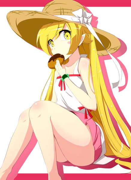 Anime picture 1211x1660 with bakemonogatari nisemonogatari shaft (studio) monogatari (series) oshino shinobu kichihachi kichi8 long hair tall image blonde hair yellow eyes loli mouth hold eating girl hat sundress