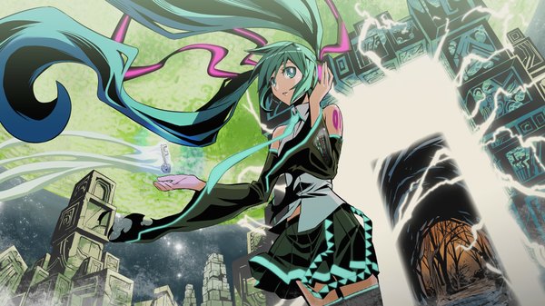 Anime picture 1920x1080 with vocaloid hatsune miku maxgonta (artist) single long hair highres wide image twintails aqua eyes aqua hair lightning girl ribbon (ribbons) detached sleeves headphones building (buildings) key lovecraft