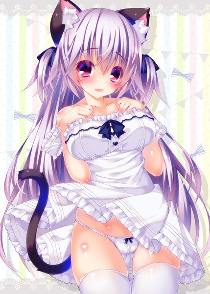 Anime picture 929x1300 with original oziko (ojitcha) ojitcha single long hair tall image looking at viewer blush fringe breasts open mouth light erotic hair between eyes large breasts bare shoulders animal ears purple hair tail animal tail pink eyes