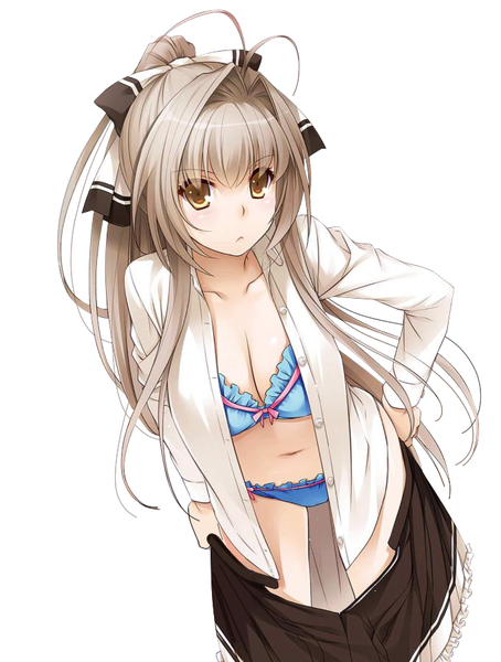 Anime picture 681x900 with amagi brilliant park kyoto animation sento isuzu nakajima yuka single tall image looking at viewer blush breasts light erotic simple background large breasts white background brown eyes cleavage ahoge ponytail very long hair pleated skirt open clothes