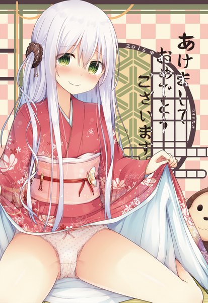 Anime picture 1252x1819 with original mitoko (tsuchikure) tsuchikure (3105mitoko) single long hair tall image looking at viewer blush light erotic smile green eyes white hair traditional clothes japanese clothes inscription hieroglyph girl underwear panties kimono