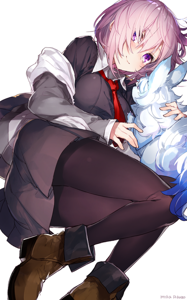 Anime picture 750x1200 with fate (series) fate/grand order mash kyrielight fou (fate) mika pikazo single tall image blush short hair simple background smile white background purple eyes signed looking away pink hair purple hair bent knee (knees) lying long sleeves