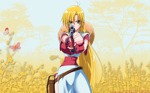 Anime picture 1920x1200 with grenadier tendou rushuna single long hair looking at viewer highres breasts blonde hair wide image yellow eyes huge breasts girl dress weapon plant (plants) hat tree (trees) fingerless gloves gun insect