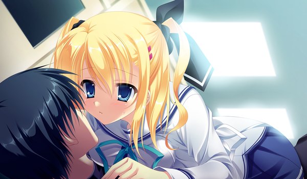 Anime picture 1024x600 with da capo iii morizono rikka tanihara natsuki long hair blush short hair blue eyes black hair blonde hair wide image game cg couple girl boy uniform bow hair bow school uniform