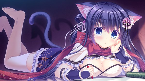 Anime picture 1920x1080 with neko-nin exheart fuuma tama takano yuki (allegro mistic) single long hair looking at viewer blush fringe highres breasts blue eyes light erotic hair between eyes wide image large breasts twintails holding animal ears game cg cleavage