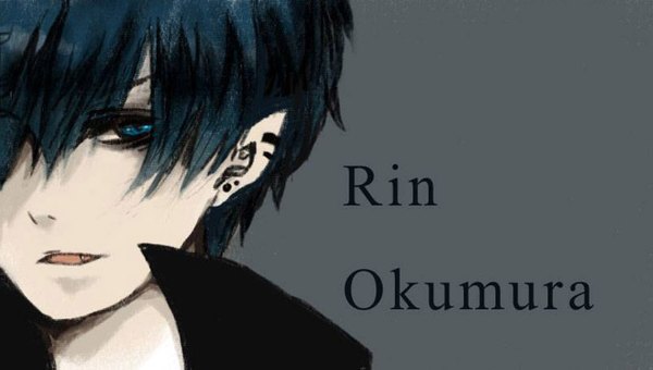 Anime picture 1351x767 with ao no exorcist a-1 pictures okumura rin fringe short hair open mouth blue eyes wide image blue hair pointy ears hair over one eye inscription grey background teeth sharp teeth boy