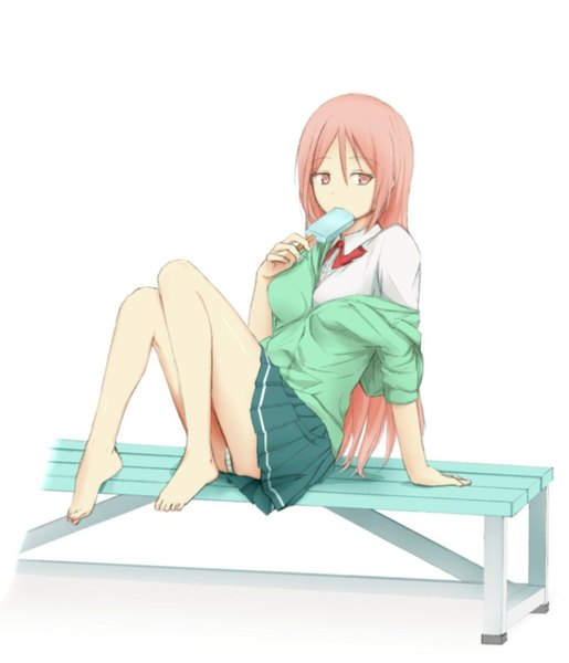 Anime picture 1365x1591 with kuroko no basket production i.g momoi satsuki rihoro tall image breasts light erotic sitting holding pink hair pleated skirt pink eyes barefoot off shoulder bare legs legs eating girl skirt uniform