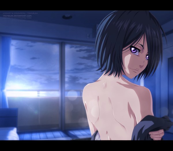 Anime picture 1218x1065 with bleach studio pierrot kuchiki rukia tremblax single short hair light erotic black hair smile purple eyes sky cloud (clouds) looking back sunlight coloring letterboxed undressing bare back girl window