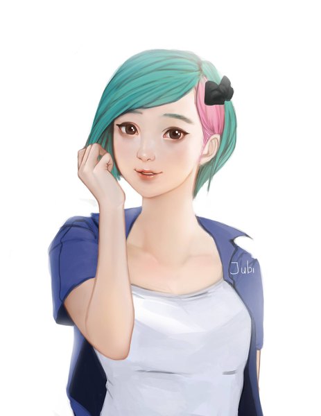 Anime picture 1582x2048 with original jubi (regiana) single tall image looking at viewer fringe short hair breasts simple background white background signed pink hair upper body parted lips multicolored hair realistic aqua hair two-tone hair open shirt streaked hair
