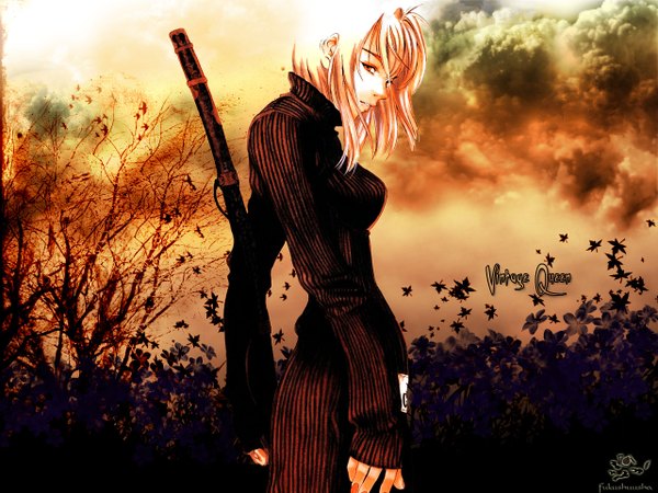 Anime picture 1280x960 with tenjou tenge natsume maya orange background sword katana