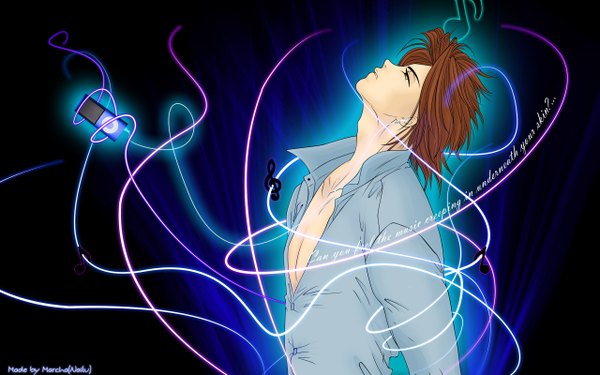 Anime picture 2560x1600 with original marcha (nailu) single long hair highres brown hair wide image signed yellow eyes profile inscription open clothes open shirt black background dark background open collar music treble clef boy shirt