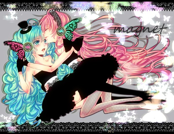 Anime picture 1200x921 with vocaloid magnet (vocaloid) hatsune miku megurine luka shizuki mio (artist) long hair blush open mouth multiple girls green eyes pink hair green hair girl dress 2 girls hat fingerless gloves