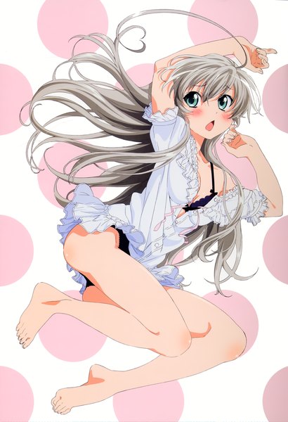 Anime picture 1899x2776 with haiyore! nyaruko-san nyaruko takiyama masaaki long hair tall image blush highres open mouth blue eyes light erotic silver hair ahoge barefoot scan pantyshot girl dress underwear panties lingerie