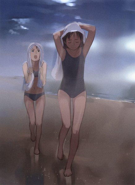 Anime picture 1458x2000 with takamichi tall image short hair open mouth black hair multiple girls sky eyes closed barefoot beach rain girl 2 girls swimsuit towel