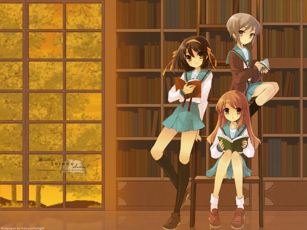 Anime picture 1600x1200 with suzumiya haruhi no yuutsu kyoto animation suzumiya haruhi nagato yuki asahina mikuru itou noiji smile brown hair multiple girls brown eyes signed indoors official art brown background girl uniform school uniform book (books) 3 girls library