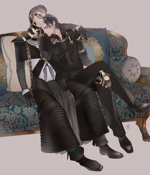 Anime picture 722x838 with final fantasy final fantasy xv square enix noctis lucis caelum ignis scientia novingo tall image short hair black hair sitting signed grey hair grey background multiple boys crossed legs sleeping shounen ai hand on another's shoulder boy gloves