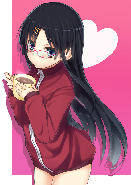 Anime picture 1004x1417 with original haruyuki (yukichasoba) single long hair tall image looking at viewer blush fringe blue eyes black hair standing holding pink background steam girl hair ornament glasses jacket heart hairclip