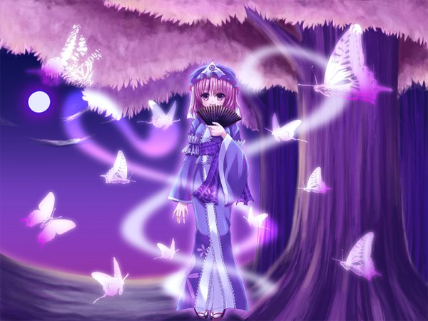 Anime picture 1280x960 with touhou saigyouji yuyuko yuuka nonoko single looking at viewer short hair smile standing pink hair full body pink eyes cherry blossoms girl plant (plants) hat tree (trees) insect butterfly bonnet fan