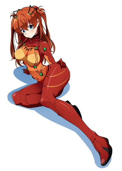 Anime picture 812x1136 with neon genesis evangelion rebuild of evangelion evangelion: 2.0 you can (not) advance gainax soryu asuka langley shikinami asuka langley ichi-jirushi single long hair tall image looking at viewer blush fringe breasts blue eyes light erotic simple background hair between eyes white background twintails