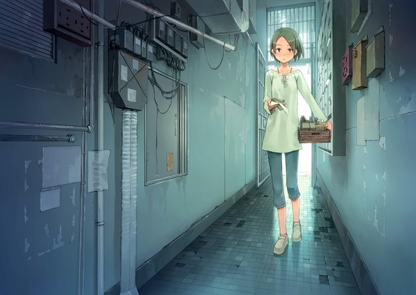 Anime picture 1687x1200 with original yoshida seiji single blush fringe short hair holding green hair walking girl shoes