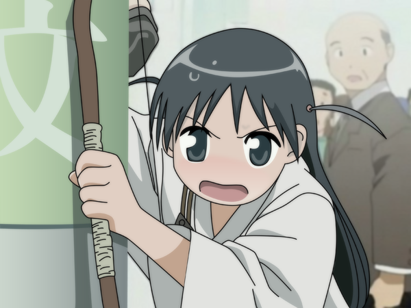 Anime picture 1600x1200 with school rumble tsukamoto tenma long hair looking at viewer fringe open mouth black hair holding long sleeves traditional clothes japanese clothes black eyes wide sleeves multiple boys solo focus vector angry frown girl boy