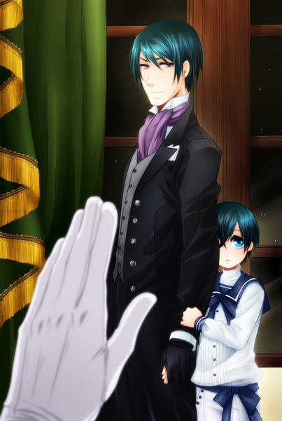 Anime picture 806x1200 with kuroshitsuji a-1 pictures ciel phantomhive vincent phantomhive hao-hime tall image short hair open mouth blue eyes smile pink eyes aqua hair night night sky coloring holding hands boy gloves earrings window