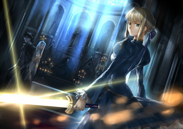 Anime picture 1440x1018 with fate (series) fate/zero type-moon artoria pendragon (all) saber irisviel von einzbern emiya kiritsugu vlan (artist) long hair short hair black hair blonde hair red eyes multiple girls green eyes white hair girl boy weapon 2 girls