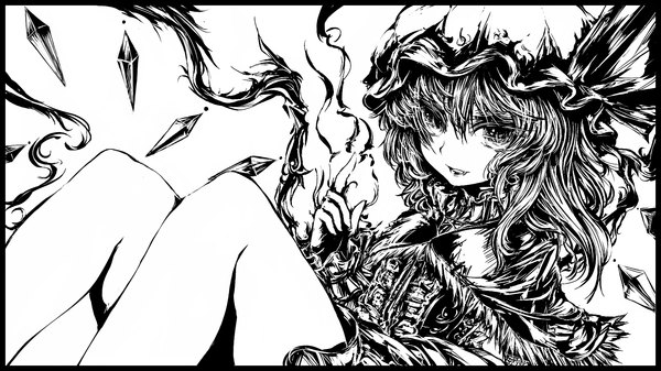 Anime picture 1830x1030 with touhou flandre scarlet acryl (artist) single looking at viewer highres short hair wide image sitting ponytail teeth fang (fangs) legs side ponytail monochrome girl dress wings bonnet crystal