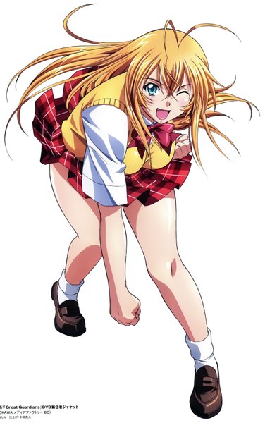 Anime picture 4287x6837 with ikkitousen sonsaku hakufu rin sin single long hair tall image highres open mouth blue eyes simple background hair between eyes white background absurdres one eye closed wink scan orange hair official art girl skirt