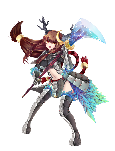 Anime picture 1039x1359 with original aurora rokudo hanh chu ixora140 single long hair tall image blush open mouth simple background brown hair white background horn (horns) orange eyes low ponytail girl weapon armor