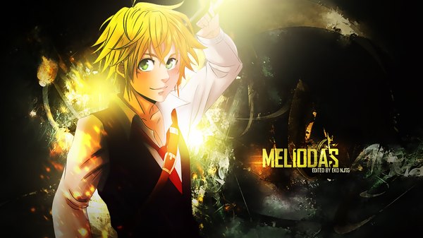 Anime picture 1920x1080 with nanatsu no taizai a-1 pictures meliodas redeye27 divineimmortality single looking at viewer blush fringe highres short hair blonde hair smile hair between eyes wide image green eyes from above wallpaper character names open collar