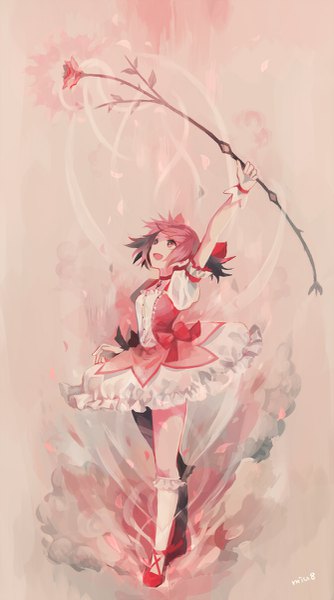 Anime picture 669x1200 with mahou shoujo madoka magica shaft (studio) kaname madoka miu pachi single tall image short hair open mouth simple background standing twintails holding signed looking away pink hair full body pink eyes arm up puffy sleeves hand on hip