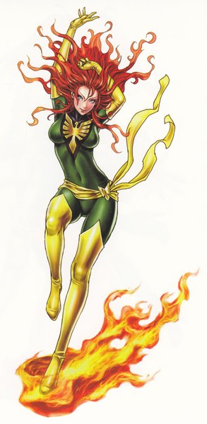 Anime picture 1709x3496 with x-men jean grey phoenix (x-men) yamashita shunya single long hair tall image highres blue eyes simple background white background red hair girl bodysuit fire