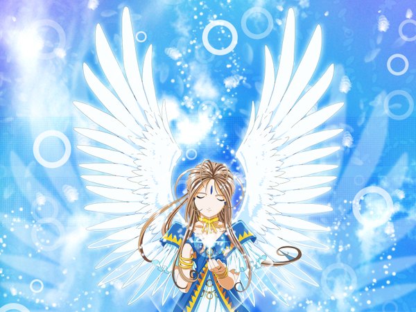 Anime picture 1600x1200 with aa megami-sama anime international company belldandy single long hair brown hair upper body eyes closed arm up lens flare magic facial mark blue background angel wings girl dress gloves wings bracelet fingerless gloves