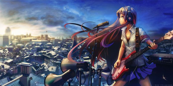 Anime picture 2000x1000 with original izechou single long hair highres wide image sky profile pleated skirt multicolored hair open clothes open shirt city evening sunset cityscape music girl skirt headphones