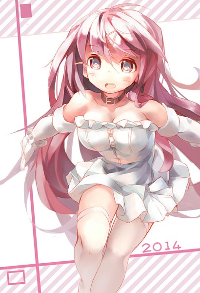 Anime picture 752x1100 with original huanxiang huifeng single tall image looking at viewer blush pink hair very long hair pink eyes girl thighhighs dress gloves white thighhighs elbow gloves white gloves white dress collar zipper
