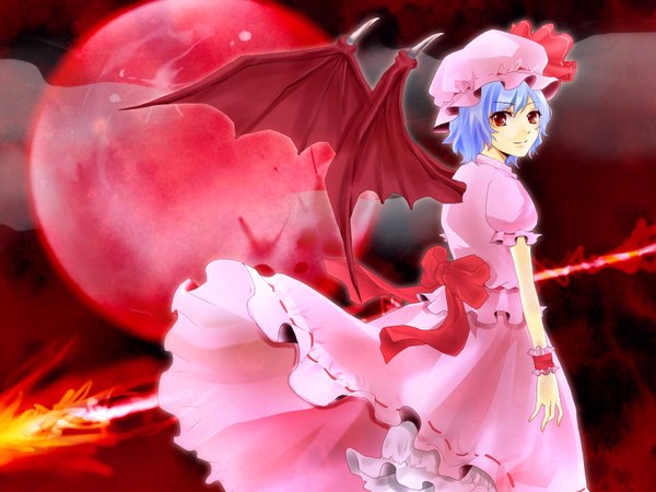 Anime picture 3200x2400 with touhou remilia scarlet highres short hair red eyes blue hair absurdres bat wings red moon girl hat wings moon spear polearm spear the gungnir ice 9 kingdom