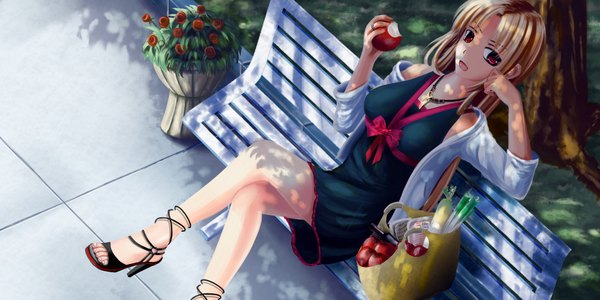 Anime picture 2000x1000 with furai (blay) single long hair looking at viewer highres open mouth blonde hair wide image sitting bare shoulders brown eyes barefoot crossed legs girl dress flower (flowers) ribbon (ribbons) food fruit sandals
