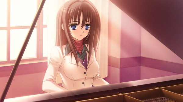 Anime picture 1024x576 with otome wa boku ni koishiteru blue eyes brown hair wide image game cg girl piano