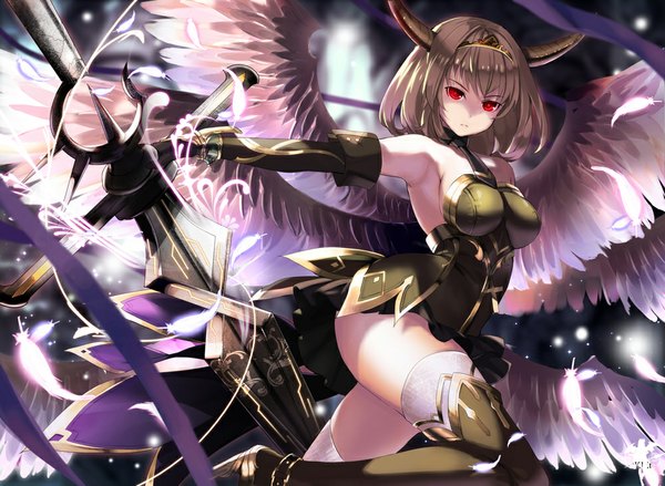 Anime picture 1000x733 with original yuuki kira single looking at viewer blush short hair breasts red eyes brown hair large breasts bare shoulders cleavage horn (horns) armpit (armpits) angel wings serious multiple wings girl thighhighs gloves