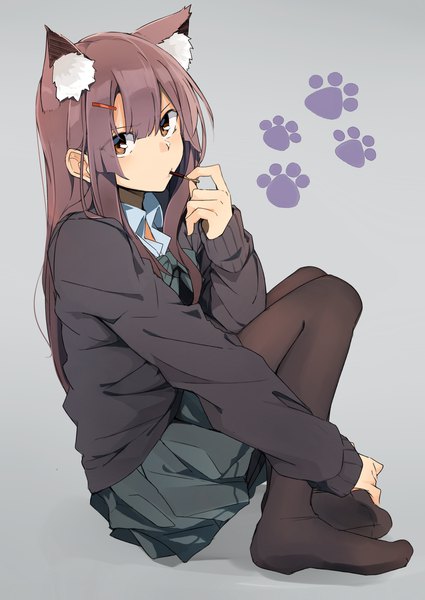 Anime picture 2149x3035 with original kazenoko single long hair tall image looking at viewer fringe highres hair between eyes brown hair sitting brown eyes animal ears full body bent knee (knees) pleated skirt cat ears grey background cat girl no shoes