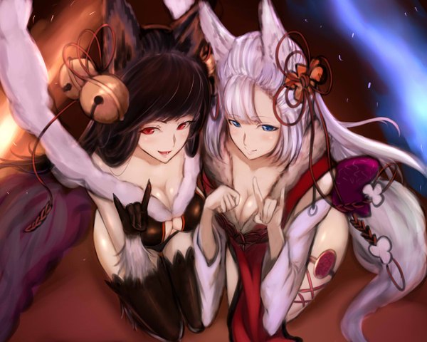 Anime picture 1280x1024 with granblue fantasy yuel (granblue fantasy) socie (granblue fantasy) tanshi (tansy520) long hair looking at viewer blush fringe breasts blue eyes light erotic black hair smile red eyes large breasts multiple girls animal ears cleavage silver hair bent knee (knees)