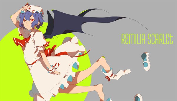 Anime picture 1200x684 with touhou remilia scarlet soichi (sow1) single looking at viewer fringe short hair simple background hair between eyes red eyes wide image purple hair full body bent knee (knees) nail polish barefoot grey background character names hand on head bat wings