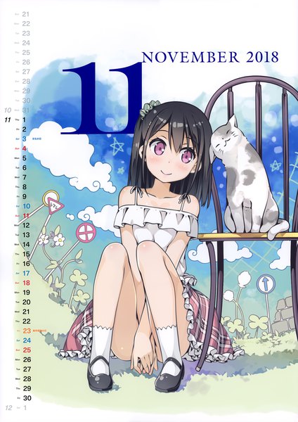 Anime picture 4928x6978 with original shizuku (kantoku) kantoku single long hair tall image highres black hair smile sitting bare shoulders looking away absurdres sky cloud (clouds) full body pink eyes scan shadow leaning