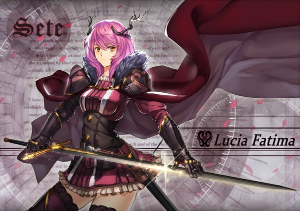 Anime picture 1116x788 with original ryuuzaki ichi single looking at viewer short hair pink hair horn (horns) orange eyes girl thighhighs dress gloves weapon black thighhighs petals sword armor cape